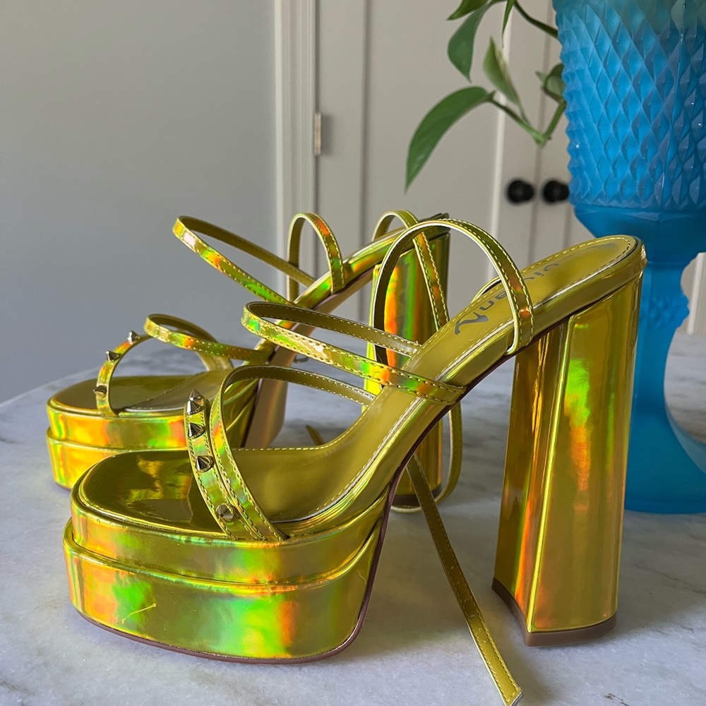 Amazing, hot funky, iridescent, gold platforms